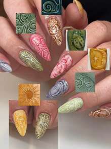 24 piezas de uñas postizas con relieve con diseños de insecto, rana, pulpo, sol y luna, dibujos en 3D y grafiti, uñas falsas creativas para salón de belleza para damas y niñas, uñas de acrílico de verano con pegamento de gelatina, 1 pieza de tira de frotado