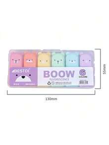 6支装可爱迷你熊造型荧光笔马卡龙色斜头马克笔学校办公文具