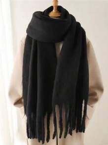 1pc Solid Color Scarf, Winter Warm Neck, Thickened Wool Knitted Thick Fringed Shawl, Can Be Worn