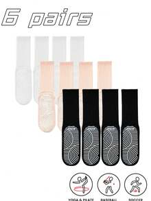 6 Pairs Women's Striped Non-Slip Silicone Bottom Yoga Socks, Pilates Socks, Suitable For All Seasons, Women's Non-Slip Long Socks With Grip, Suitable For Ballet, Dance And Sports, Suitable For Gym - Multicolor - View 1