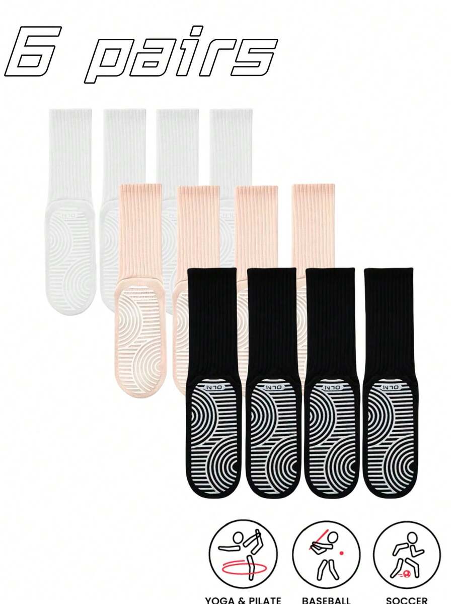 6 Pairs Women's Striped Non-Slip Silicone Bottom Yoga Socks, Pilates Socks, Suitable For All Seasons, Women's Non-Slip Long Socks With Grip, Suitable For Ballet, Dance And Sports, Suitable For Gym - Multicolor - View 1