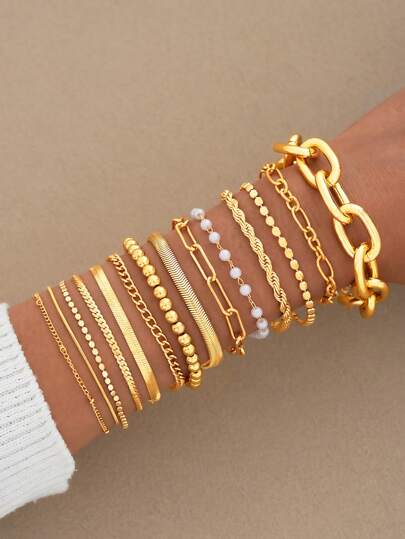 14/6pcs Geometric Beaded, Faux Pearl, Wide Metal Snake Bone Chain, Braided Chain, Minimalist Plain Chain Bracelet Set, Fashion, Elegant, Vintage Design, Suitable For Holiday, Party, Date, Gift, Daily Wear