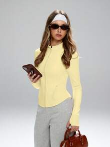 FWH 女士时尚设计小立领户外跑步瑜伽运动休闲风面料舒适弹力视觉塑形收腰基础百搭青春防晒运动夹克长袖