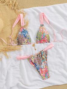 PEPPERMOLLY 全新柔软可调节肩带印花系带优雅派对比基尼套装，夏季海滩时尚女士比基尼 - 淺粉 - 查看 3