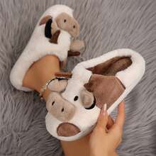 Women Slippers Comfortable Cow Print Cotton Shoes For Indoor Relaxation - 卡其 - 查看 3