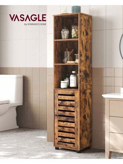 Bathroom Floor Cabinet, Tall Bathroom Storage Cabinet Unit, Bathroom Cabinet Freestanding, With 3 Open Compartments And 2 Adjustable Shelves, Living Room, Entryway, Rustic Brown Bathroom Decor Summer Makeup Organizer Bathroom Accessories Back To School