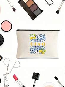 1pc "La Dolce Vita" Lemons Pattern Tote Bag&Cosmetic Bag - Italian Summer Style, Lightweight & Durable, Reusable Shopping Bag With Fresh Lemon & Green Leaf Design, Everyday/Beach Bag|Summer Fashion Bag|Durable Handle Bag, Lightweight Makeup Organizer For Travel, Pencil Pouch, Toiletry Bag For Women And Men And Beach Tote Bag - Beige - View 2