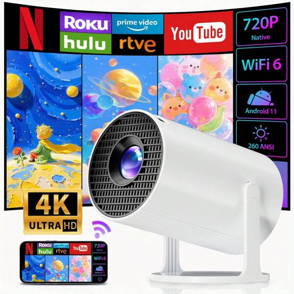 MAOHUTER HD Projector,4K Projector With WIFI 6 And Bluetooth, 1080P Support Portable Projector 180° Rotatable 130 Inch Screen Movie Projector Automatic Keystone Compatible With Laptops, PCs, Smartphones.Compatible With Multiple Devices, Portable For Outdoor Use