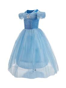 6pcs Set Light Blue Girl's Puff Sleeve Rhinestone Mesh Dress With Accessories, Children's Christmas & Halloween Party Costume Outfit - Light Blue - View 4