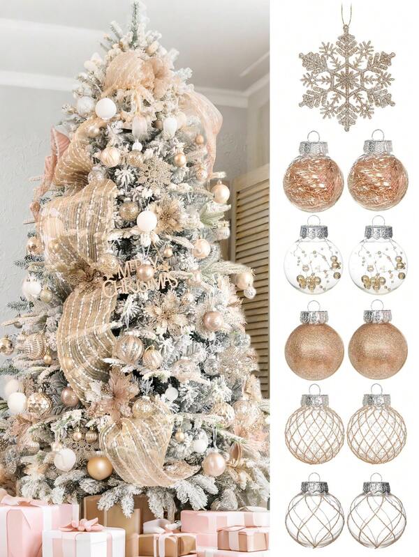 10 Pieces - Christmas Ball Decorations Champagne Color Christmas Decorations Set And Christmas Flowers Christmas Tree Decorations Crush Hanging Balls Christmas Party Home Decoration, Christmas, Festive Wedding Christmas Tree Decoration, Champagne Christmas Decoration, Artificial Champagne Christmas Tree Decoration, DIY Christmas Ball Decorations Room Decor Winter