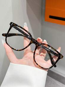 1 par de gafas cuadradas simples con remaches de moda sin receta, adecuadas para la oficina diaria, el estudio, la lectura, las fiestas, las vacaciones, la fotografía y otras ocasiones - Estampado de leopardo - Ver 3