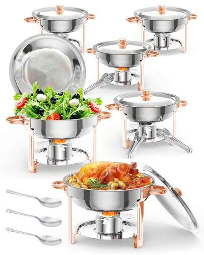 5QT Chafing Dish For Buffet, Round Stainless Steel Chafing Dishes Buffet Set, Food Servers Sets With Lid & Lid Holder, Spoon & Tweezer For Catering Events Parties Weddings Dinners