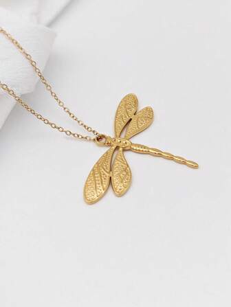 1pc Fashionable Stainless Steel 3D Dragonfly Pendant Necklace, Elegant Choker Necklace For Women, Suitable As Gift For Lover Or Friend