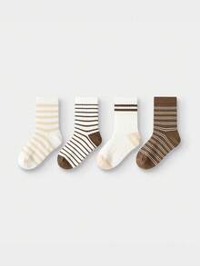 Balabala Kids Crew Socks 4 Packs – Mid-Calf Stripe School Socks Soft Stretch No Marks - Coffee White Tone - View 1