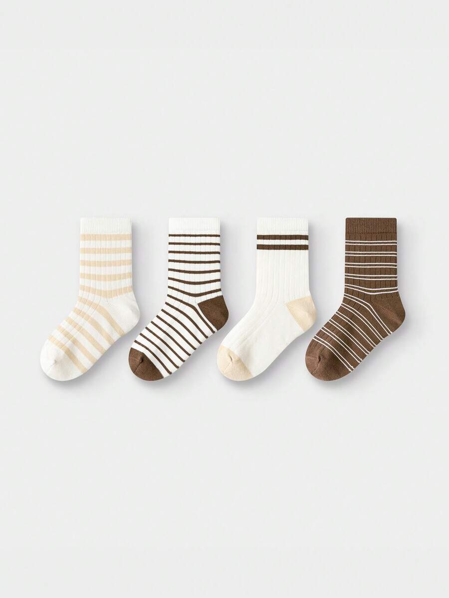 Balabala Kids Crew Socks 4 Packs – Mid-Calf Stripe School Socks Soft Stretch No Marks - Coffee White Tone - View 1