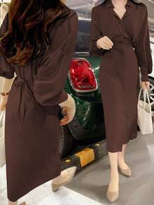 Plus Size Women's Shirt Dress, French Elegant Style With Waist Tie, Loose Top And Slim Fit Bottom, Mid-Length Collared Shirt Dress, Suitable For Daily Outings, Travel, Brunch, Tea Parties, Commute, Airport, Spring/Summer & Spring/Autumn