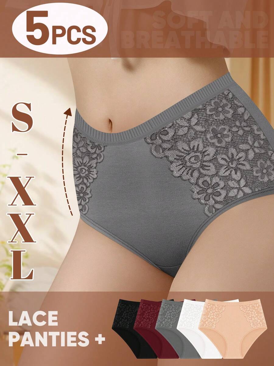 MIOTAN 5条装女士高腰内裤，全覆盖，蕾丝拼接，花卉印花，优雅透气 - 彩色 - 查看 1