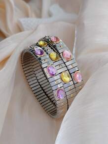 Stainless Steel Texture Flex Butterfly Colorful Zirconia Cuff Bracelet 18k Gold Plated Wide Bracelets Bangle Fashion Jewelry Women - Silver - View 5