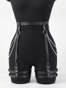 L1pcs Ladies Black Pu Leather Chain Belt Punk Fashion Bundle Garter Party Wear With Accessories Harness For Women