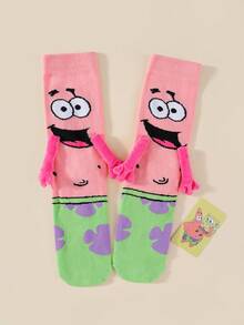 1/2 Pair New Cute Cartoon SpongeBob Unique Magnetic Couple Socks, Japanese/Korean Style Mid-Calf Socks For Lovers & Best Friends, Spring/Autumn - Multicolor - View 4