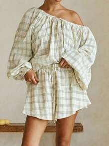 Womens 2 Piece Outfits Tie Front Peplum Tops Shorts Sets Striped Puff Long Sleeve Blouse Y2K Lounge Sets Pajama Set Summer Beach Vacation Outfits With Pockets - 綠色 - 查看 1