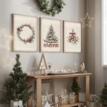 Zestaw 1/3 szt. Nieoprawionego, zabytkowego wieńca świątecznego z sosną, rustykalny plakat na ścianę do świątecznego festiwalu, wydruk na płótnie, minimalistyczny wystrój wiejskiego domu, rustykalny, zimowy, świąteczny, retro obraz do mieszkania, salonu, sypialni, nowoczesnej dekoracji domu