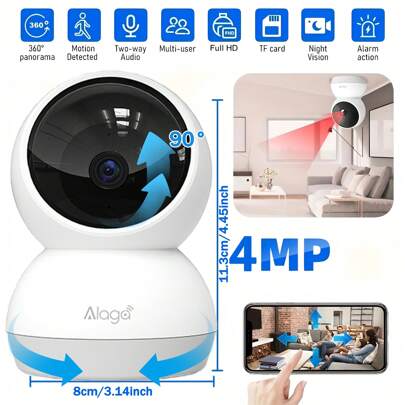 4MP Full HD Security Camera With Infrared Night Vision, Two-Way Audio, Motion Detection, Automatic Tracking, Dual Band WiFi Connection, Home Security Application Control - Perfect For Teenagers, Seniors, Pets, Babies, Compatible With Alexa And Assistant