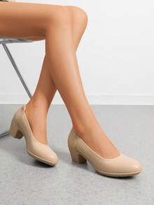 Women's Low Chunky Heels Comfortable Block Work Pumps Closed Round Toe Dress Shoes For Office Business - Apricot - View 1