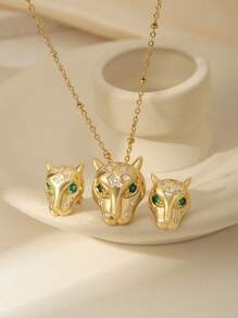 Juego de 3 piezas de collar colgante de acero inoxidable con baño de oro de 18 quilates, piedra de ojo de gato verde y forma geométrica de rombo, joyería de estilo europeo y americano de moda adecuada para regalo de mujer para fiesta y cumpleaños