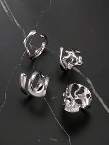 4件套不锈钢Y2K复古极简开口戒指套装，尺寸可调节，男士礼物，适合送给男友、丈夫、儿子，日常佩戴 - 銀色 - 查看 3