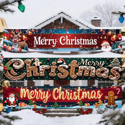 1 件圣诞快乐装饰横幅，98.43 英寸 X 19.69 英寸，耐用涤纶材料，圣诞主题派对装饰，室内、室外、庭院装饰