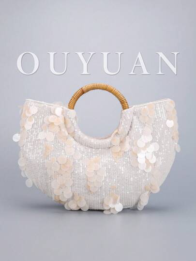 Bolso de mano con lentejuelas sencillo y de moda para mujer, bolso de mano de ratán con doble asa con lentejuelas, estilo de playa, bolso de mano casual con lentejuelas, bolso de noche asimétrico brillante con lentejuelas, adecuado para fiestas, citas, vacaciones, regalos, compras, días festivos.