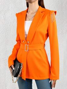 Blazer para mujer elegante unicolor con diseño de pequeños flecos en hombros  y cinturón decorativo de moda para uso causal o formal - Naranja - Ver 2