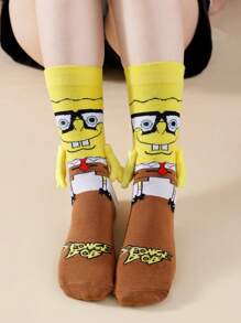 SPONGEBOB 1/2 Pair Cute Cartoon SpongeBob Magnetic Couple/Best Friends Mid-Calf Socks, Fashionable Daily Casual Wear & Date Outfit