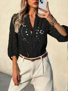 Womens Eyelet Blouse Deep V Neck 3/4 Balloon Sleeve Cotton Button Down Shirt - 黑色 - 查看 3