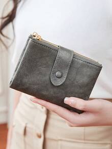 MIYIN Vintage Button Wallet, Business Casual Style, Multi-Card Slots, Coin Pouch, Compact Tri-Fold Design, Short Wallet, Retro Zipper Wallet, Fashion Button Closure, Women's Daily Travel & Shopping Wallet, Women's Wallet, Compact Wallet - Grey - View 4