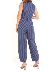 Women's Two-Piece Set With Striped Vest And Pants - Blue and White - View 4