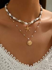 2件/套波西米亚风格时尚百搭金合金贝壳吊坠项链，女士串珠颈链，适合日常佩戴、度假、旅行、派对。贝壳的形状、大小和表面图案随机，不固定。手工链条上的珠子数量根据长度随机裁剪。
