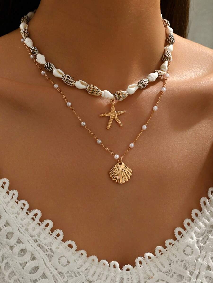 2件/套波西米亚风格时尚百搭金合金贝壳吊坠项链，女士串珠颈链，适合日常佩戴、度假、旅行、派对。贝壳的形状、大小和表面图案随机，不固定。手工链条上的珠子数量根据长度随机裁剪。