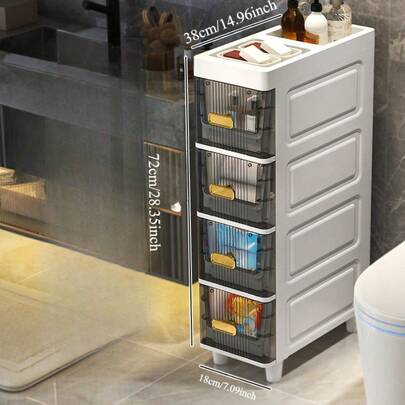Deluxe Slim Storage Cabinet With Drawers - Durable Waterproof PP Plastic Multi-Purpose Organizer, Contemporary Freestanding Design With Flat Panel Doors & Compact Under 27" Height For Bathroom, Kitchen, Retail Display, Snack Storage - Easy Assembly, Bathroom Storage Cabinet, Personal Care Organizer, Modern Minimalist, Efficient Space Utilization, Minimalist Organizer, Lightweight Organizer, Small Space Living