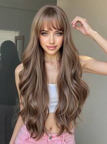 舒适自然弯曲 26 英寸长卷发带刘海浅棕色波浪假发女士合成假发适合女孩日常派对使用浅棕色耐热长波浪假发