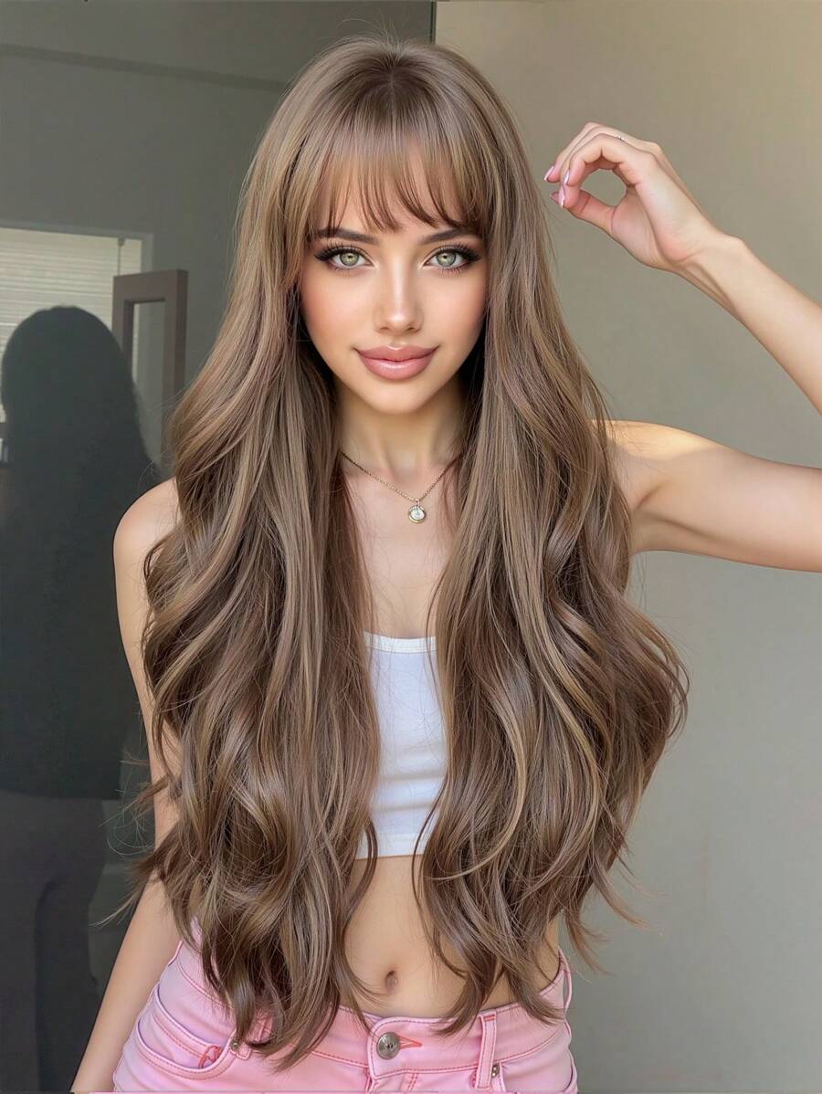 舒适自然弯曲 26 英寸长卷发带刘海浅棕色波浪假发女士合成假发适合女孩日常派对使用浅棕色耐热长波浪假发