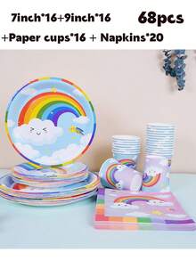 68/10/Set, Rainbow Cloud Themed Party Supplies, Disposable Party Plates, Party Paper Plates. Includes 7-Inch Plates, 9-Inch Plates, Paper Cups, And Tissue Sets. Suitable For 16 People, Picnic Supplies, Birthday Parties, Camping, Decoration, And Celebration Events. Party Gifts, Bridal Gifts, Rainbows, Clouds - Nhiều màu - Xem 16