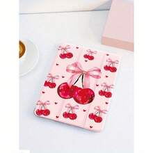 A Pink Fashionable Cherry-Pattern Protective Case, Suitable For IPad 11, 2025/10.9, Air4/5/6/7/Mini, 2025/10.2, Pro 11, 10th, 9.7, 10.5, As Well As A7, A8, A9, S7, S8, S9, S10 Series. It Features Sleep/Wake Function, Stylus Holder And Three-Fold Tablet Cover. - PB powder bow cherry (PB粉蝴蝶結櫻桃) - 查看 4