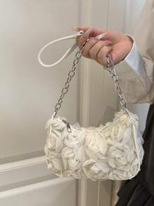 时尚链条肩带单肩包，金属链条肩带，花卉图案休闲手提包，女士斜挎包优雅玫瑰花朵图案晚宴手拿包，女士派对钱包可爱甜美女孩挎包纯色水桶包新娘手提包