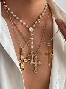 4er Set Halskette mit Kreuz-Anhänger in Strass, Punk Splice Pullover Kette, stilvoller Straßen-Schmuck für Damen und Herren, Frühling/Sommer 2025 Accessoire Geschenk