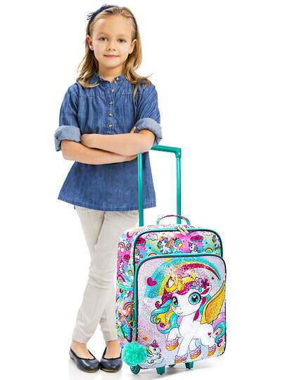 BLING BABIES Kids Luggage With Wheels, Sequin Material, Dual Green Cute Unicorn Pattern, Glow-In-The-Dark Function, Elementary Student Carry-On Suitcase, Suitable For Weekend Getaways And Travels