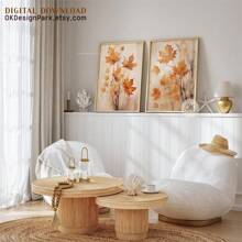 2 PIEZAS/3 PIEZAS Impresiones de decoración de otoño, arte imprimible de hojas de otoño de estilo granja, impresión digital de calabaza de otoño pintura acuarela, arte de pared de otoño