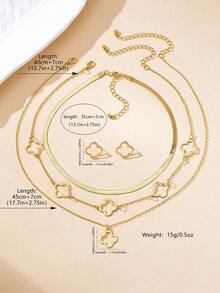 Set de 5 piezas Collar con colgante de trébol hueco de metal dorado elegante, adecuado para atuendos diarios y de fiesta de mujeres, conjunto de collar y aretes superpuestos - Amarillo Oro - Ver 4