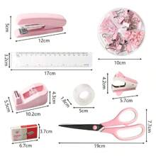 Juego de papelería rosa, accesorios de escritorio rosa, juego de grapadora y dispensador de cinta con regla transparente, tijeras rosas, dispensador de cinta, sacagrapas rosa, grapas, clips, útiles escolares y de oficina